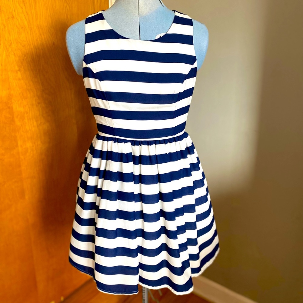 Akira Chicago Red Label dress, size small, blue and white striped